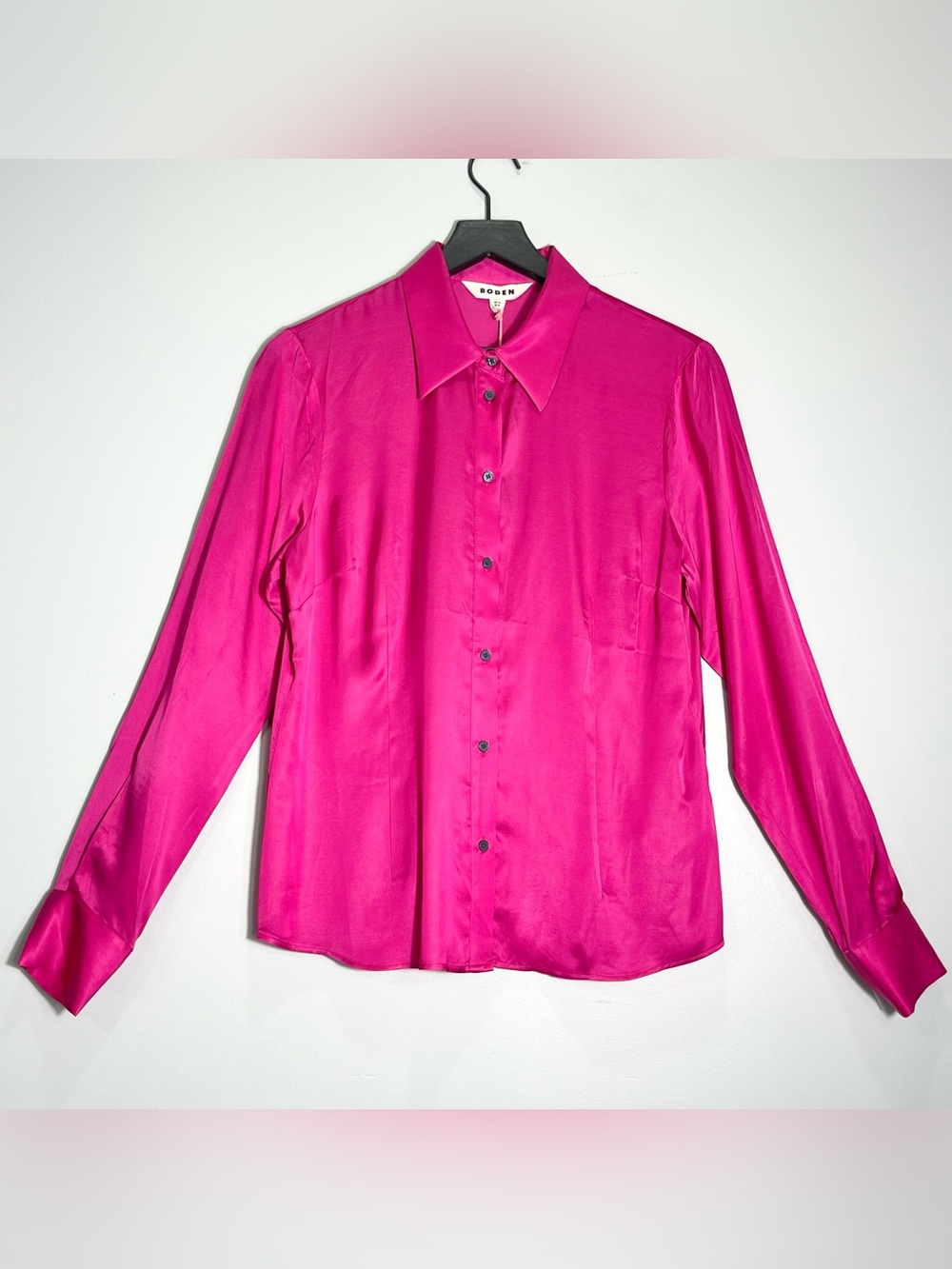NWT BODEN Women's Long Sleeve Fuchia Pink Satin Button-Up Blouse Size 10